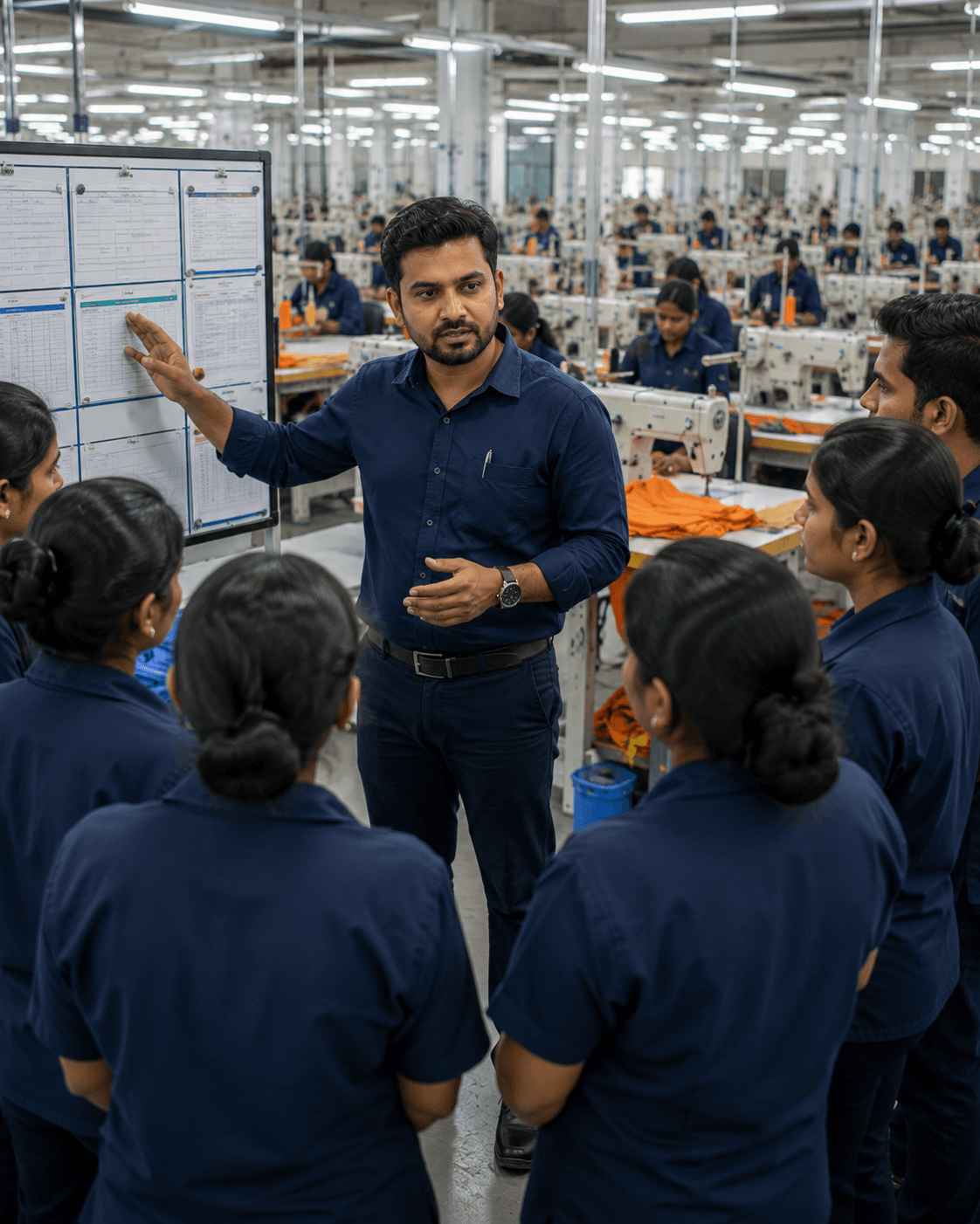 Factory leader discussing production controls with a garment team