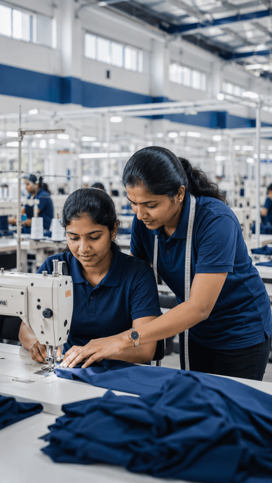 Trainer guiding a sewing operator through structured practice