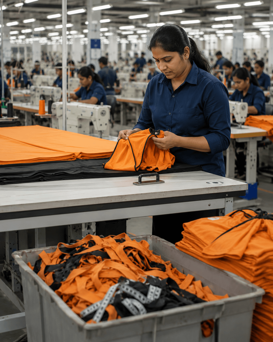 Garment professional examining fabric and cutting material on the factory floor