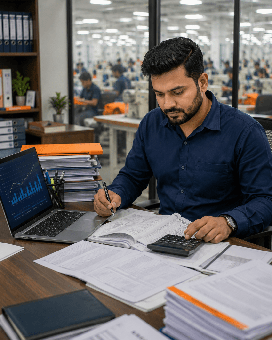 Factory professional reviewing production data beside the garment floor