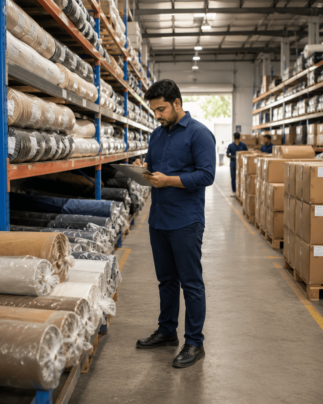 Factory professional reviewing material inventory inside a garment warehouse