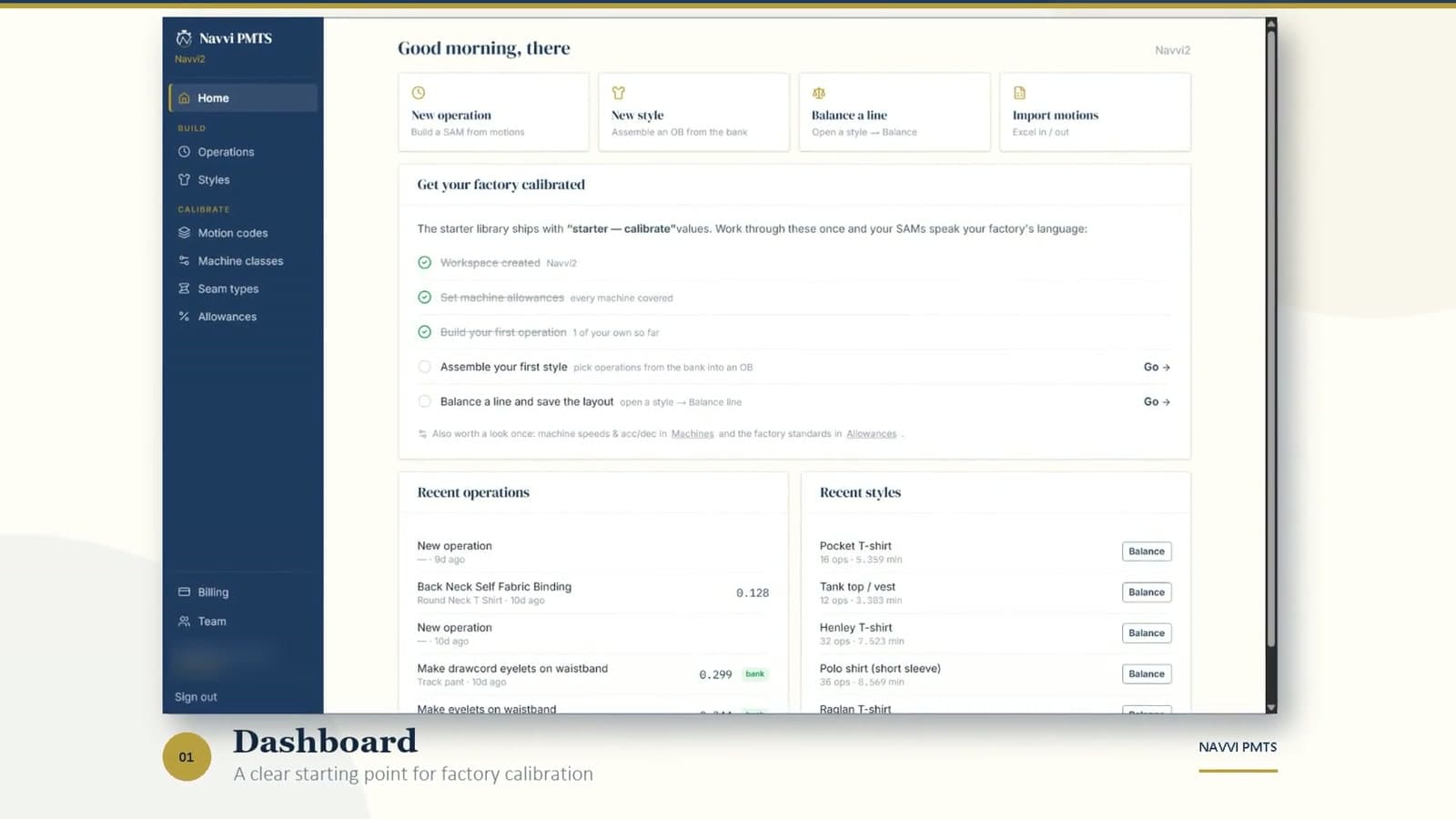 Navvi PMTS dashboard and factory calibration workspace